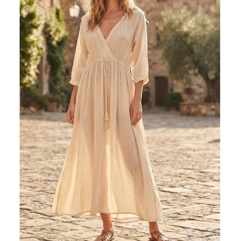 Voloshin Womens Cotton Maxi Dress Size Small Beige V-Neck Drawstring Waist AQ